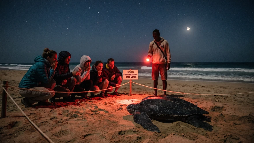 A small guided tour group watching a sea turtle nest from a safe distance on a Cabo Verde beach at night