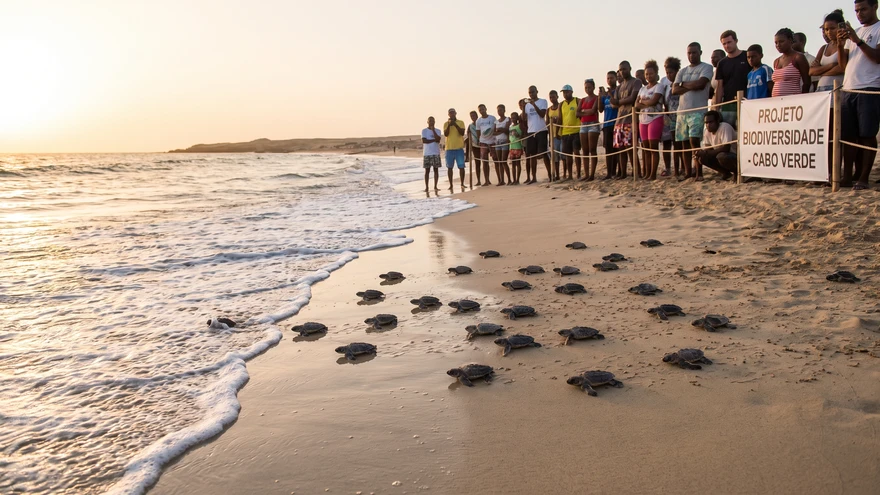 Baby loggerhead sea turtle hatchlings crawling toward the Atlantic ocean at a Cape Verde hatchery release
