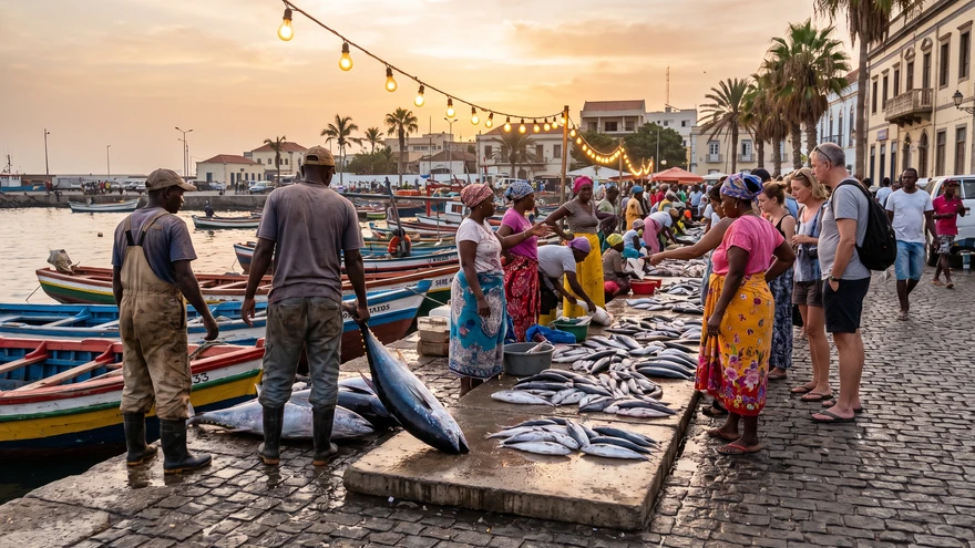 Early morning fish market in Praia, Santiago island, Cape Verde with fresh tuna and market vendors