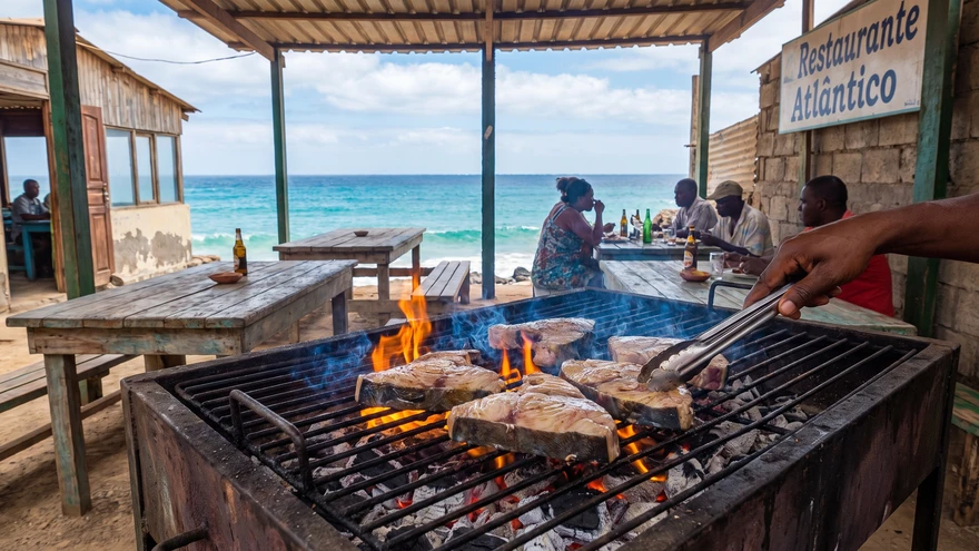 Fresh yellowfin tuna steaks grilling over charcoal at a Cape Verde seaside restaurant