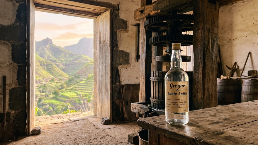 Cape Verdean grogue rum bottle beside a traditional trapiche sugar cane press on Santo Antão island