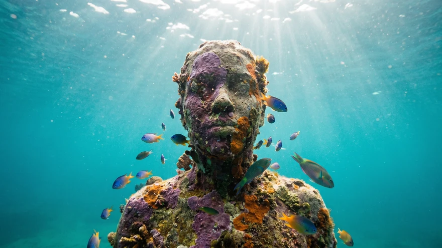 Coral growing on sculpture at Molinere underwater art park Grenada