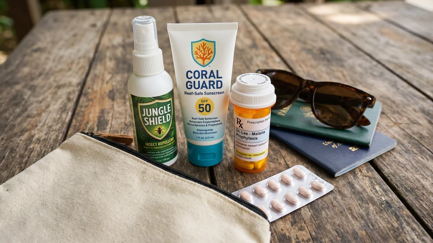 Essential health and safety items for tropical travel including sunscreen and insect repellent