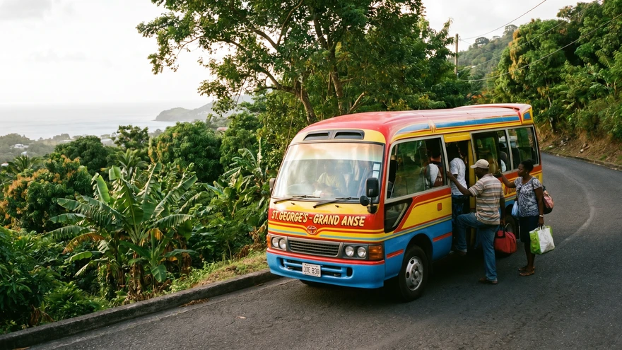 Local minibus transport on Grenada's hillside roads