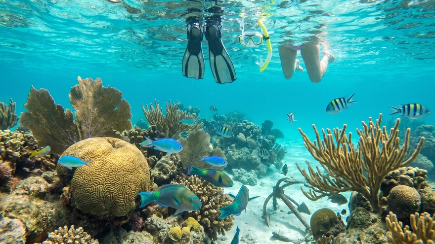 Colorful coral reef and fish underwater at Grenada snorkeling site