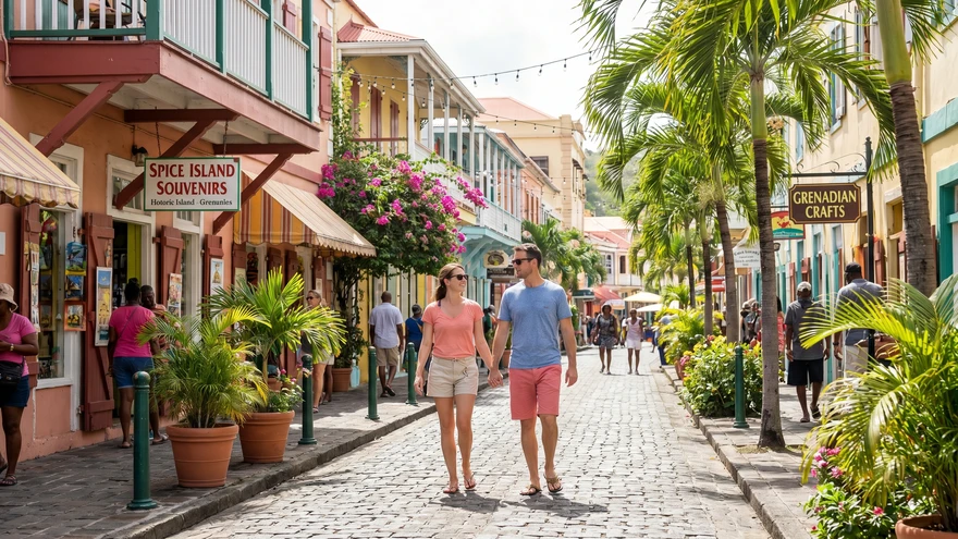 Couple walking on a busy daytime street in St George's Grenada