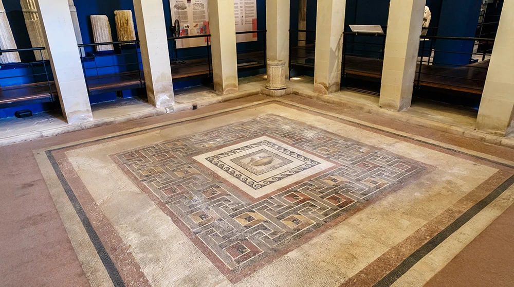 The large geometric Roman mosaic floor at the heart of the Domus Romana in Rabat, Malta