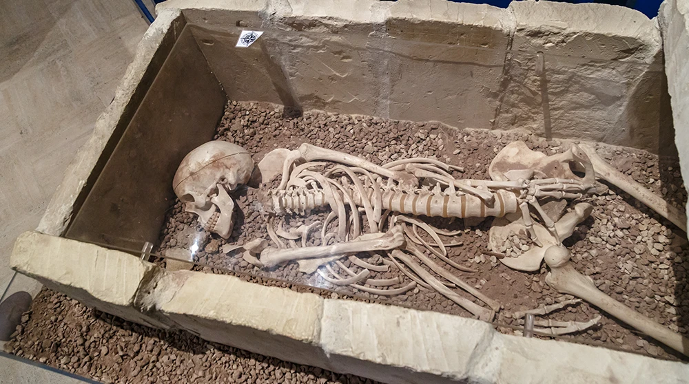 A skeleton in a stone-lined grave from the 11th-century Muslim cemetery preserved at the Domus Romana in Rabat