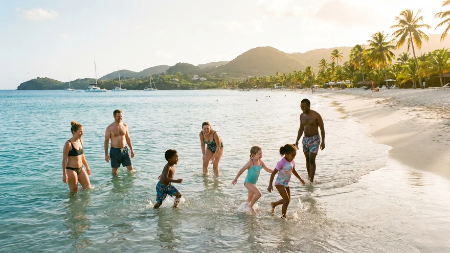 Families playing at Grand Anse Beach in Grenada