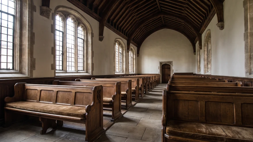 Empty formal government chamber with oak benches and arched ceiling in natural light