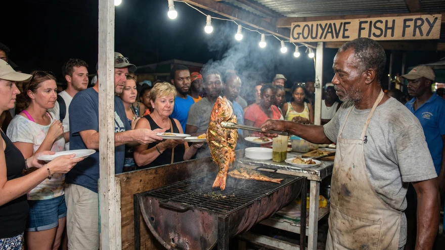 fisherman lifts a freshly grilled whole snapper from a cast-iron grate at
