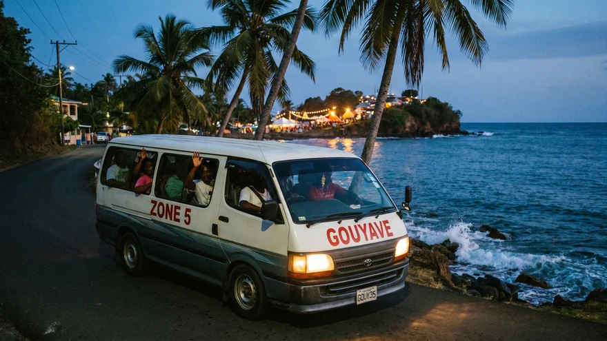 Zone 5 minibus loaded with passengers rumbles along Grenada's narrow west-coast highway