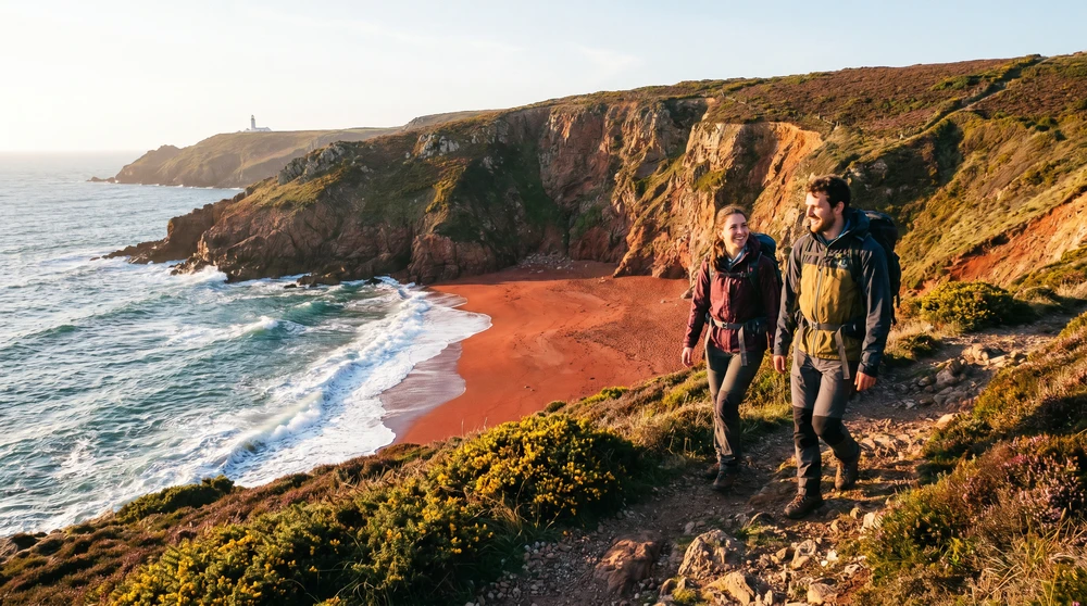 A couple walking a coastal path above a secluded red-sand cove on a rugged Gozo shoreline