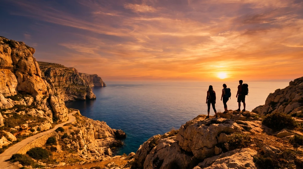 Silhouetted travelers watching the sunset from dramatic seaside cliffs over the Mediterranean