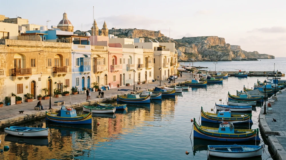 Colorful fishing boats moored in a calm Gozo harbour at morning with pastel waterfront houses