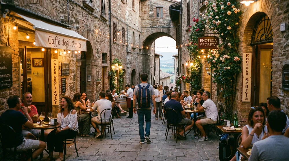 A pedestrian exploring narrow stone lanes with cafes and wine bars in a Gozo hilltop old town