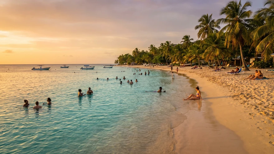 Swimmers enjoying the calm waters at Grand Anse Beach Grenada