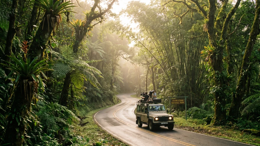 Winding road through Grand Etang National Park rainforest in Grenada