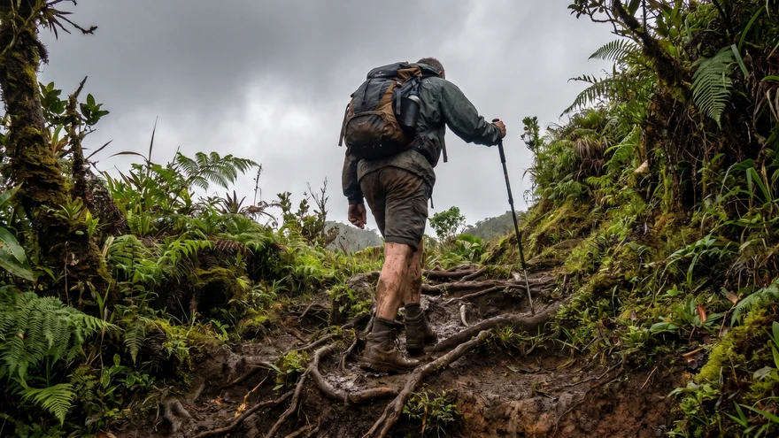 Hiker navigating a steep muddy trail through the rainforest at Grand Etang National Park