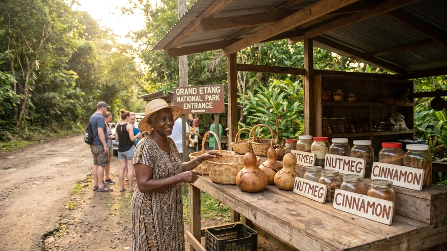 Local vendor selling crafts and spices near the Grand Etang National Park visitor center in Grenada