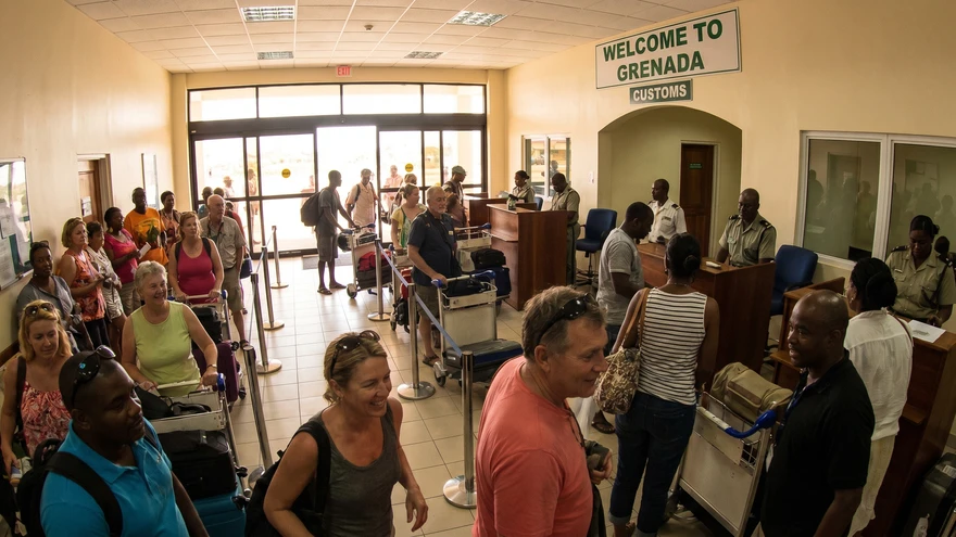 Passengers arriving and clearing customs at Grenada's Maurice Bishop International Airport