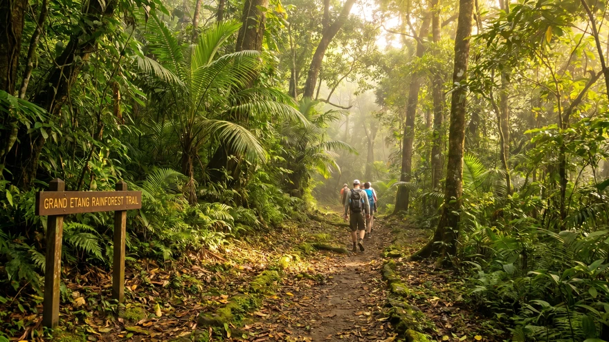 Hiking trail through Grand Etang Rainforest during Grenada dry season