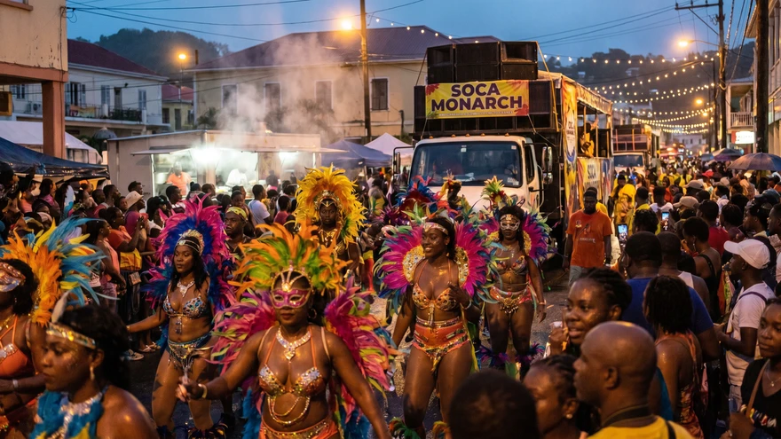 Colorful Spice Mas carnival parade through streets of Grenada in August