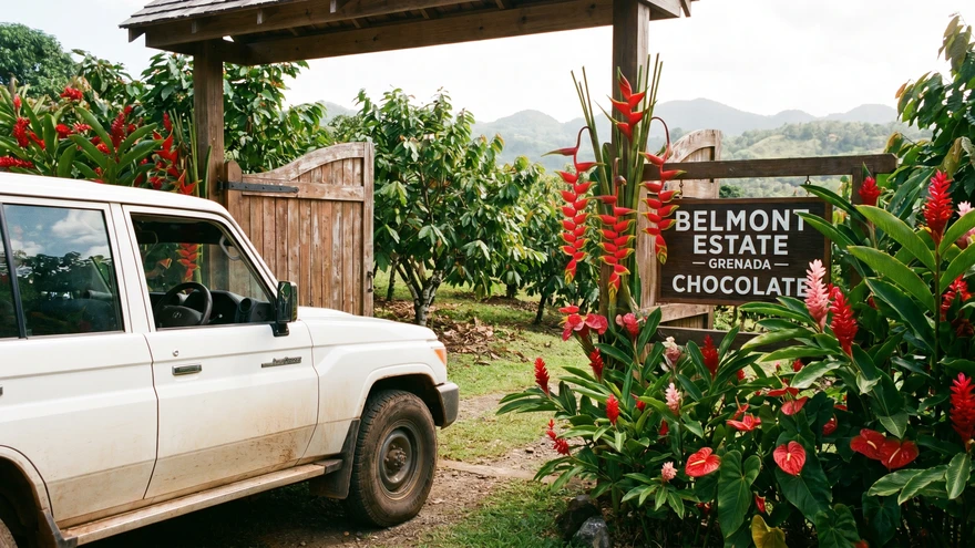 4x4 rental car parked at a Grenada chocolate estate in the countryside