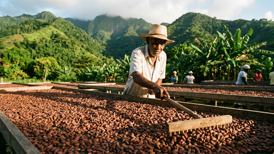 sunlit cocoa drying rack at a working plantation in northern Grenada
