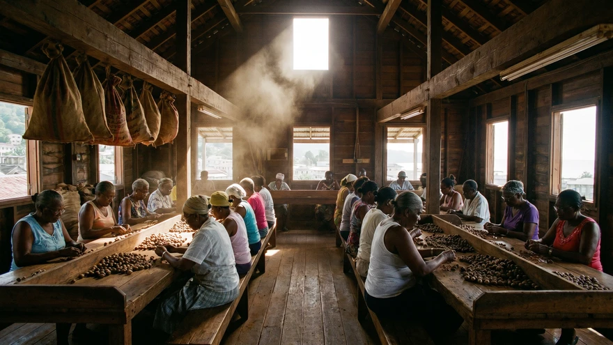 multi-story wooden spice processing station in the fishing town of Gouyave
