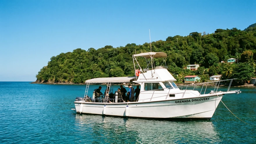 Dive boat at Molinere Bay on Grenada's west coast