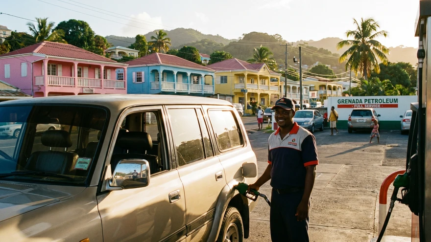 Attendant pumping fuel at a full-service petrol station in Grenada