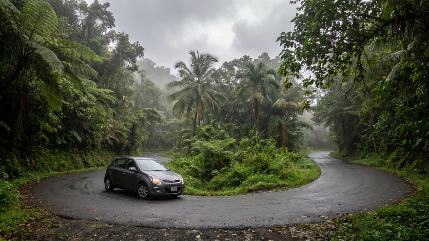 Narrow winding mountain road through Grenada's lush interior jungle