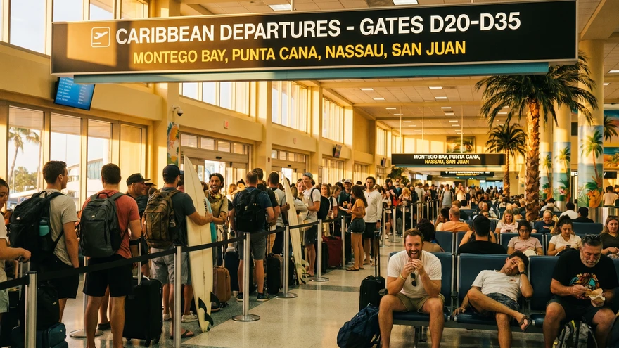 Travelers waiting at Miami International Airport gate for Caribbean connection
