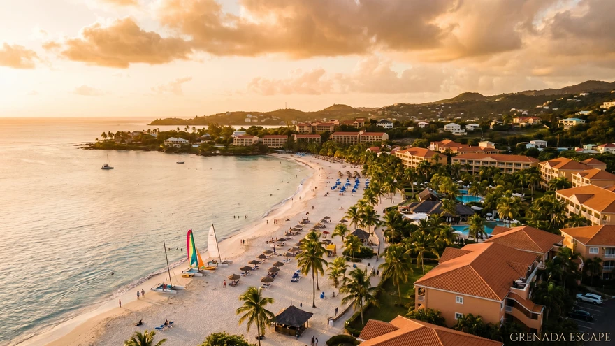 Grand Anse beach in Grenada during peak winter travel season at sunset