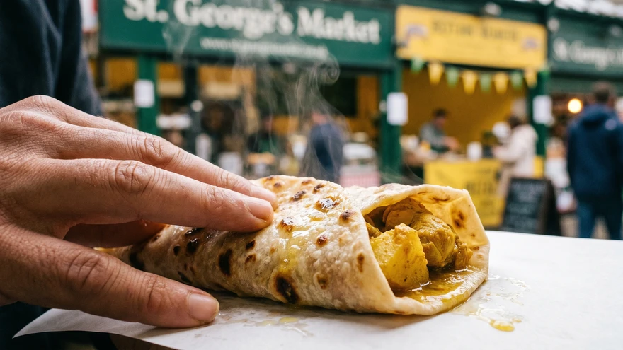 close-up of a hand pressing a hot roti wrap filled with golden