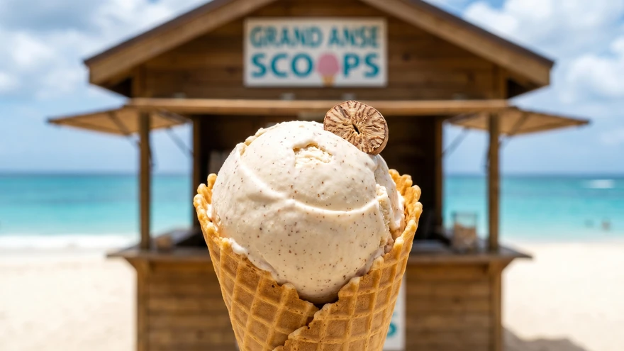 scoop of pale nutmeg ice cream served in a waffle cone at