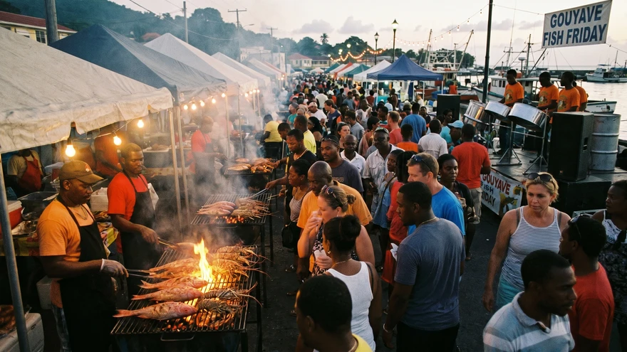 Vendors at Gouyave Fish Friday grill whole red snapper and lobster over