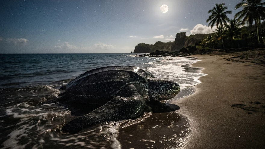 Leatherback sea turtle nesting on Levera Beach in Grenada at night