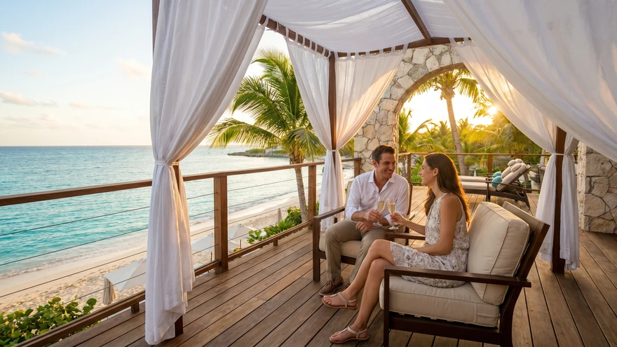 Couple relaxing on a private terrace at a luxury beachfront resort in Grenada