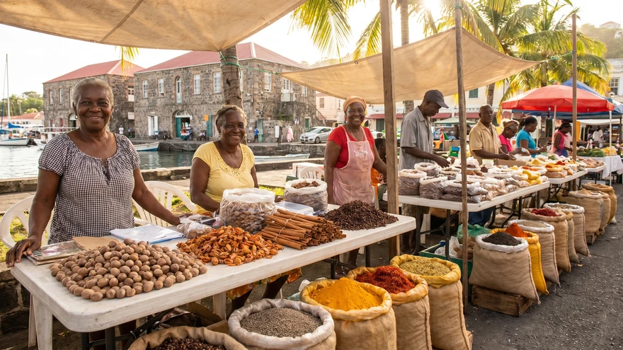Spice market vendors in St George's Grenada displaying local nutmeg and cloves