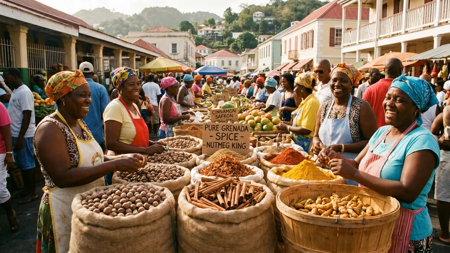 Grenada spice market with nutmeg cinnamon and colorful local produce