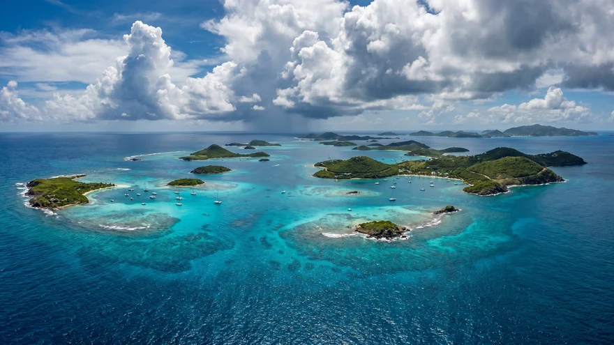 Aerial view of Grenadines island chain with turquoise lagoons and scattered sailing yachts between St Vincent and Grenada