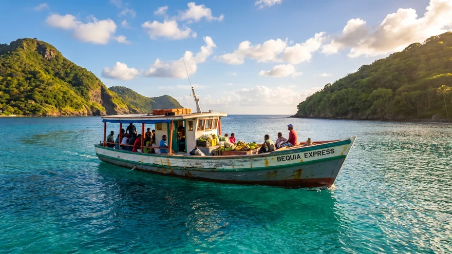 Traditional wooden ferry crossing turquoise Caribbean waters between Grenadines islands with green volcanic hills behind