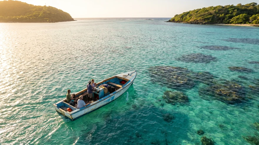 Local water taxi speedboat crossing clear turquoise lagoon between Grenadines islands with coral reef visible below