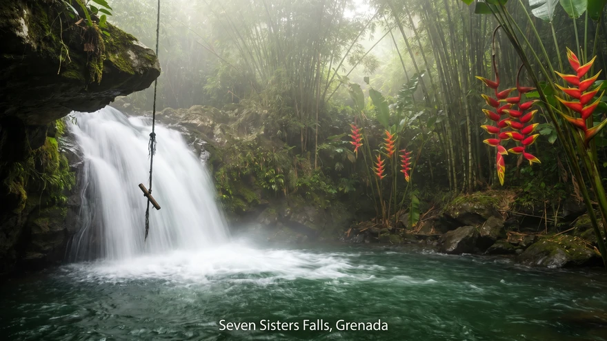 powerful waterfall at Seven Sisters Falls in Grenada crashes into a deep