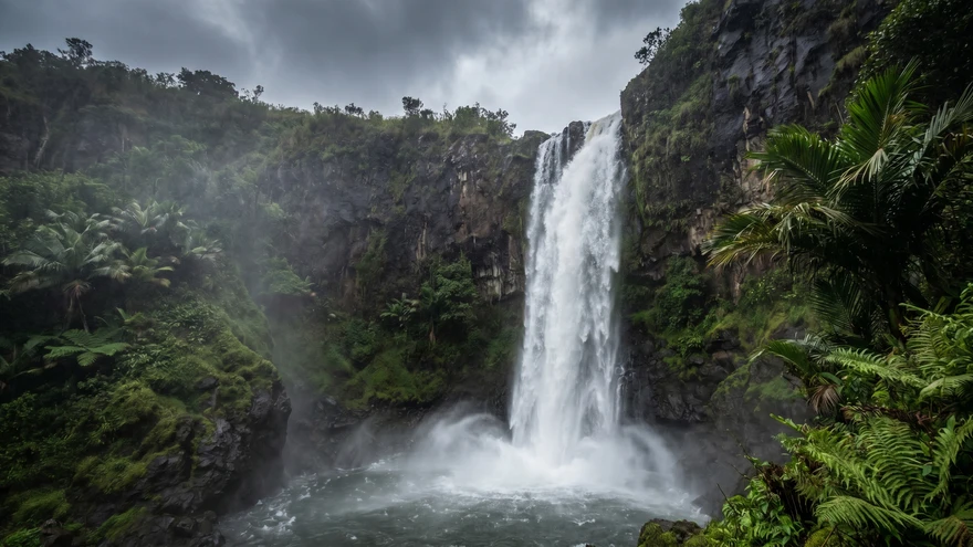 Royal Mount Carmel waterfall in eastern Grenada plunges seventy feet over volcanic rock into a jungle pool