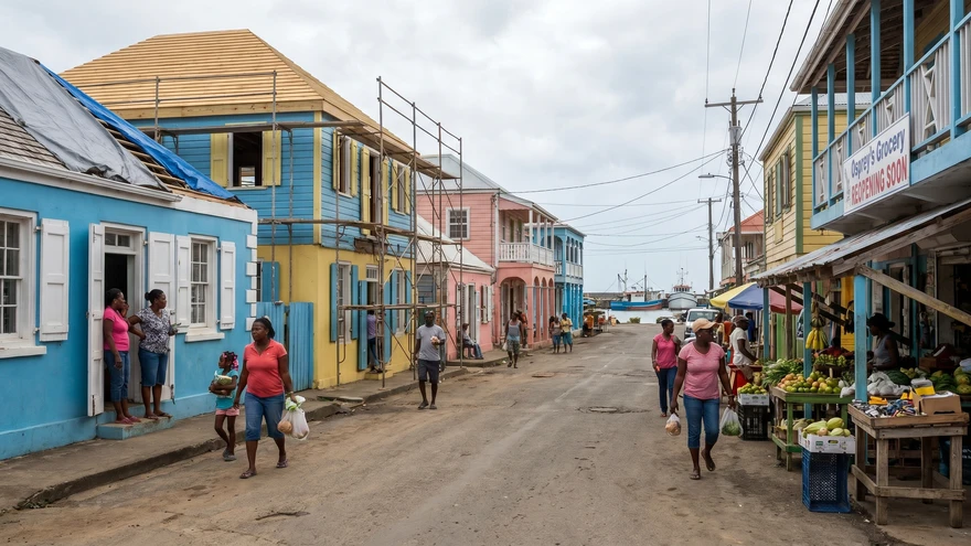 Hillsborough main street in Carriacou with rebuilt colorful buildings and locals