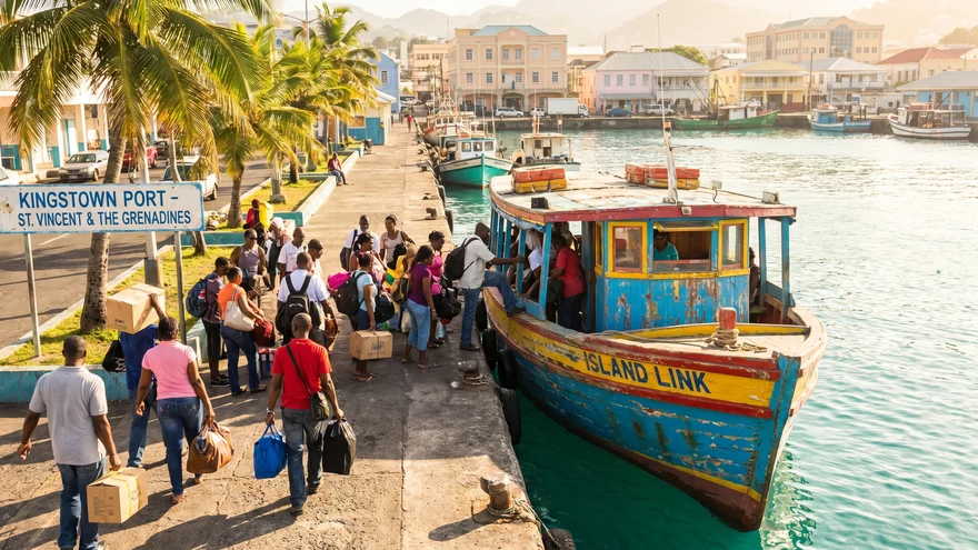 Passengers boarding a local Caribbean ferry at Kingstown dock St Vincent with turquoise harbor water and palm trees