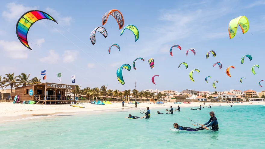 Kitesurfing school with students practicing in the bay near Santa Maria, Cape Verde